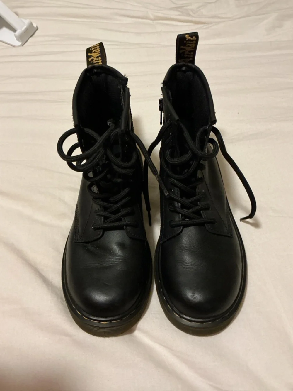 Dr. Martens Kids Black Leather Lace-Up Boots with Yellow Stitching